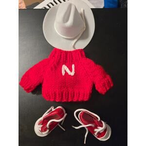 ​Tiny Nebraska Huskers Doll Outfit Red Knit Sweater Cowboy Hat Shoes Set Red